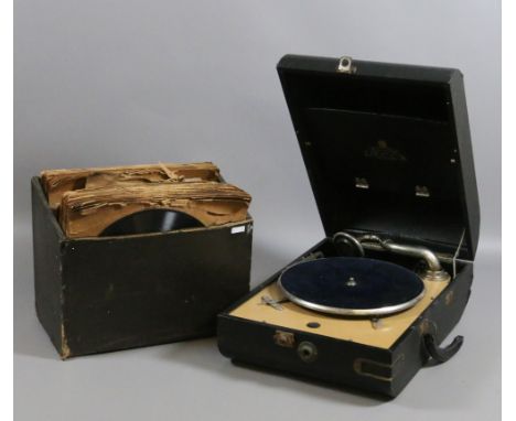 A Decca Salon 10 wind up picnic gramophone along with a collection of 78 rpm records.
