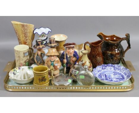 A tray of assorted ceramics to include Sylvac, Spode, character jugs, pewter hip flasks, etc.