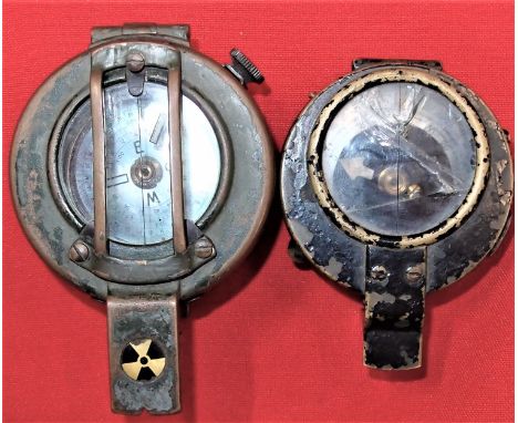 1915-dated, made in Switzerland, MOD stamped, black enamel brass, with crack glass panel and chip to top right glass front, l