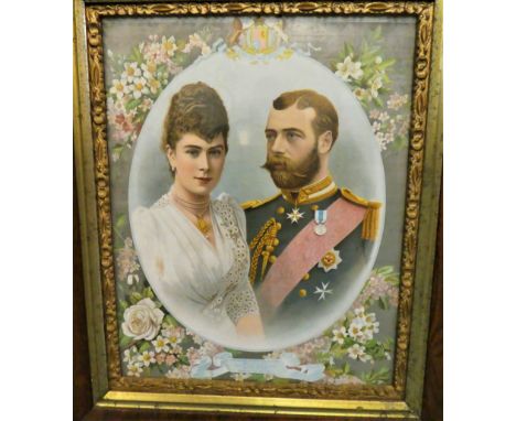 Intricate wooden carved frame, with gilt inlay to inner frame. Colour print shows George (future King George V) &amp; Mary. F