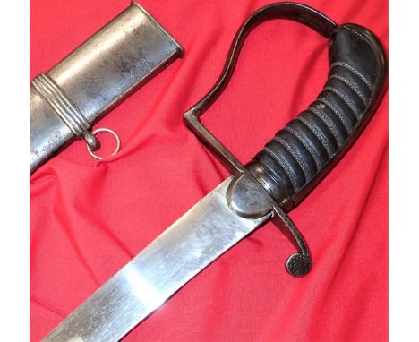 Metal stirrup hilt, with plain backstrap and wooden grip, with majority of the wire wrap present. Plain langets &amp; quillon