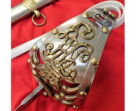 Plated nickel, full basket hilt, with screw in gilt-washed brass crown & cypher, with slightly worn-plated plain backstrap, w