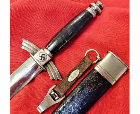 Features nickel urn shaped pommel &amp; winged guard with rotating swastika panels, with dark blue leather grip. Excellent co