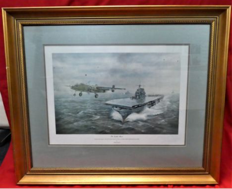 Colour print of US planes taking off for the famous raid, with signed dedication by Brigadier General Doolittle. Some age spo