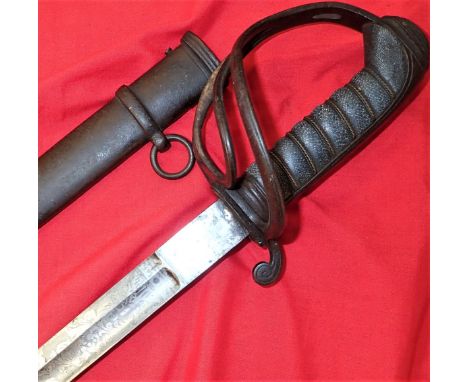 Steel 3-branched guard, with engraved quillon, bevelled urn pommel &amp; plain backstrap. Fish skin grip with wire wrap. 83 c