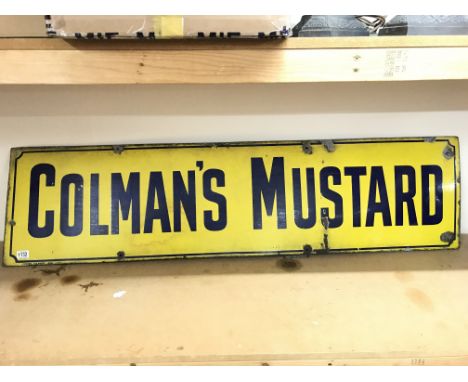 A long vintage enamel sign for Colmanâ€™s Mustard measuring 159cm x 41cm