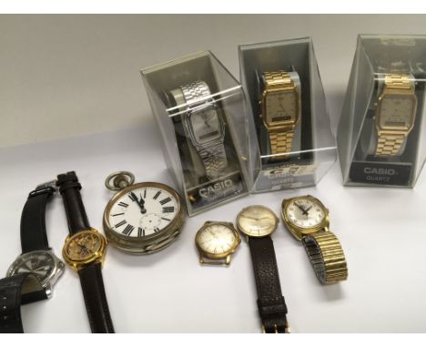 A collection of vintage gents watches and a Goliath button wind pocket watch the watches including a Swiss Pieport 17jewel ma