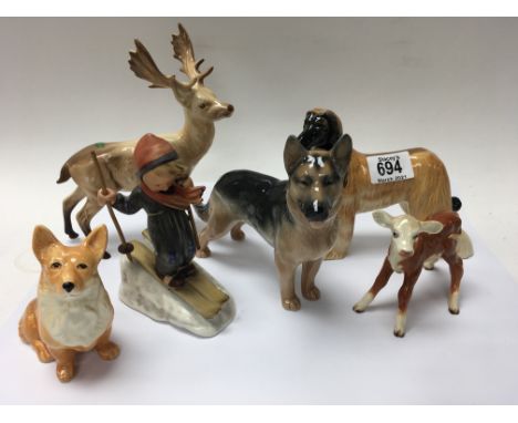 A group of porcelain animals including Royal Copenhagen, Beswick &amp; Sylvac together with a Hummel porcelain Ski boy. (Afgh