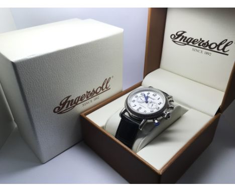 A boxed Ingersoll gents chronograph watch with textured white dial.