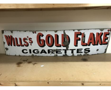 A long vintage enamel sign for Wills Gold Flake Cigarettes measuring 153cm x 37cm