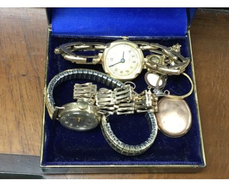 A collection of 9ct gold jewellery including 2 gold cased watches, 9ct gate bracelet and an 18ct gold ring mount.