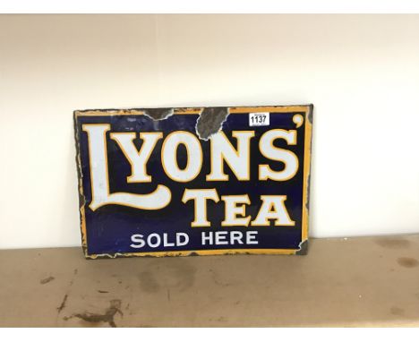 Vintage enamel sign double sided Lyons tea sold here 45cm x 30cm. There is a slight edge on one side measuring width of 3cm.