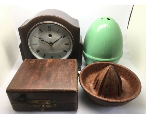 A vintage Neutron pocket crystal set and various bakelite items including a clock, cruets etc.