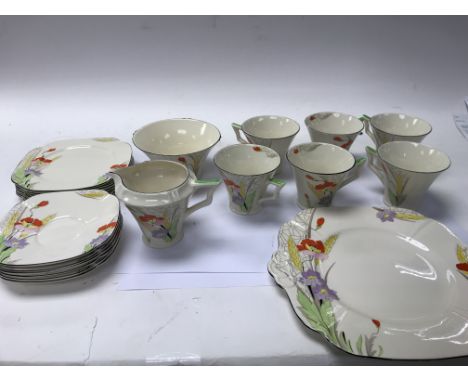 Art Deco Tamâ€™s ware poppy set. Six cups, saucers, sandwich plate, cake plate, milk jug, sugar.