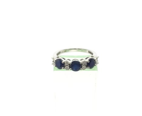 A 9ct white gold ring set with three round cut sapphires and alternate set diamonds, sapphires approx 1.91ct, diamonds approx