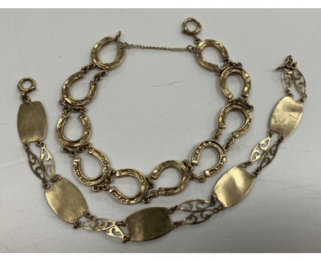 Two 9 carat gold bracelets, one of horseshoe design, the other as engine engraved medallions, interspersed by fancy double ch
