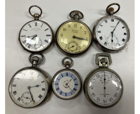 A collection of six silver / white metal fob and pocket watches, including one by J W Benson of London, Platnauer Frères Gene