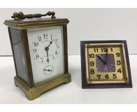A Continental Art Deco mauve guilloche enamel decorated bedside clock, the brass chapter ring with Arabic numerals, 8.3 cm wi