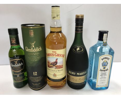 One bottle Glenfiddich single malt scotch whisky 12 year old, 35 cl (boxed), one bottle Rémy Martin fine champagne cognac, on