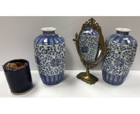 A pair of modern Chinese blue and white vases, together with a brass swing mirror and a blue and white metal mounted pottery 