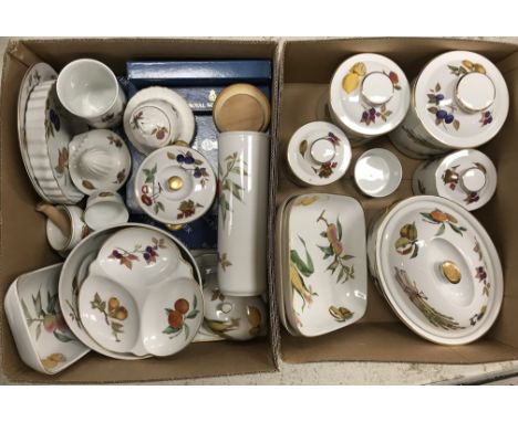 Two boxes of assorted Royal Worcester Evesham wares to include storage jars, tureens, bowls, flan dish etc (2)