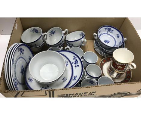A box containing a collection of Copeland Spode "Spode's Gloucester" blue and white tea/coffee wares including nine coffee ca