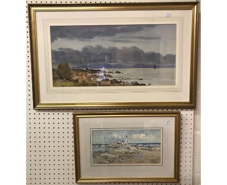 THOMAS SWIFT HUTTON "St. Mary's lighthouse, Whitley Bay" watercolour, signed lower right, 19 cm x 36 cm together with "Seasca