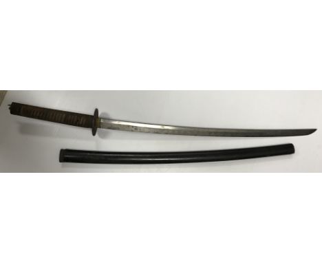 A Japanese katana (probably World War II), the unsigned blade of plain form with faceted top edge, the pierced cast iron tsub