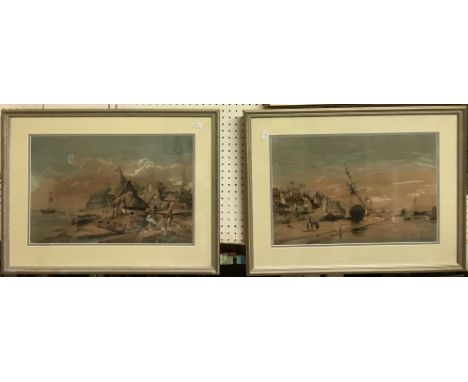 C MOZIN "Estuary scene, boats moored on a beach with figures and houses in the foreground" watercolour heightened in white, s