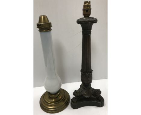 An Empire style bronze column table lamp on anthropomorphic lion's paw supports, 45 cm high including bayonet fixing and a mi