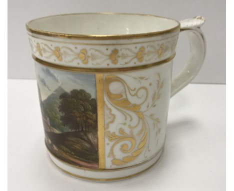 A 19th Century Bloor Derby mug with hand-painted scene of Mount Versuvius from the foothills with building and man and donkey