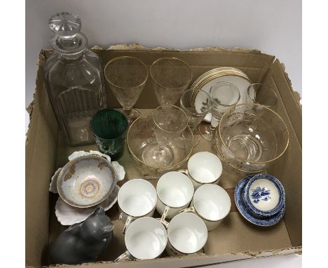 A collection of various glassware and china including two Continental cut glass and gilt decorated trumpet shaped wines and a