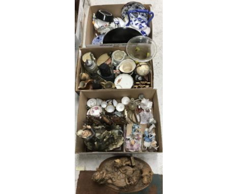 Three boxes of assorted decorative china and glassware to include Lladro, Nao and Coalport figurines together with various Ca