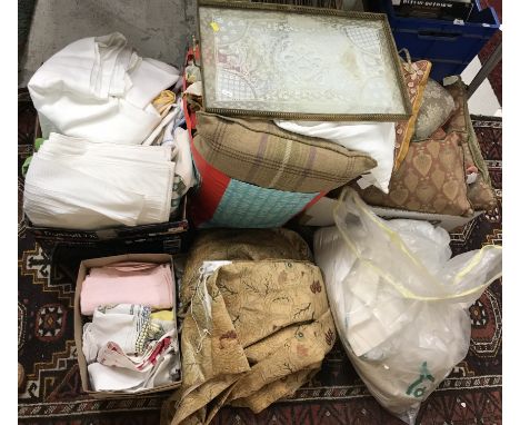 A box containing various household table linens etc to include cotton tablecloths, a collection of five various lampshades to