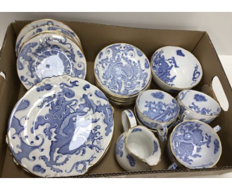 A Royal Worcester blue and white transfer decorated dragon pattern part tea set with gilt edging date marked for 1953 compris