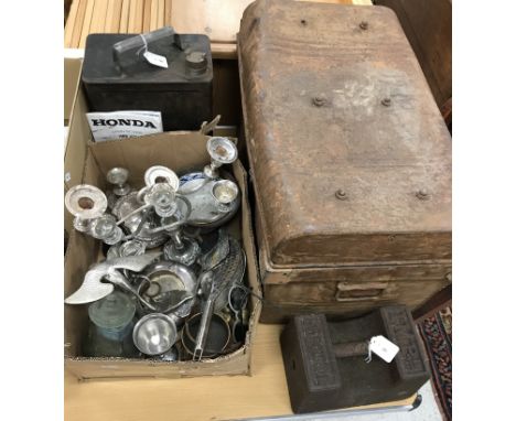 A box containing assorted plated wares to include candelabra, ashtrays, decorative birds, figures etc together with a 56 lb w