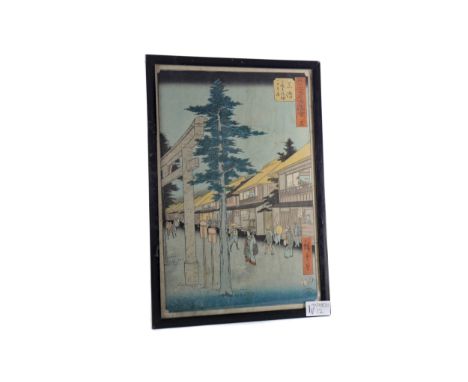 AFTER ANDO HIROSHIGE (JAPANESE 1797 - 1858), FIGURES ON TOKAIDO woodblock colour print framed and under glass 35cm x 23cm