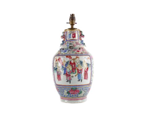 EARLY 20TH CENTURY CHINESE FAMILLE ROSE VASE CONVERTED TO A LAMP, painted with panels of figures in interior and exterior set