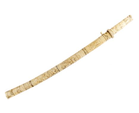 EARLY 20TH CENTURY JAPANESE IVORY CASED SWORD, the handle and scabbard carved with figures, 66.5cm long