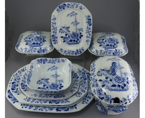 An early nineteenth century blue and white transfer-printed Rogers Bamboo, Flowers and Rocks pattern dinner service, c. 1815-