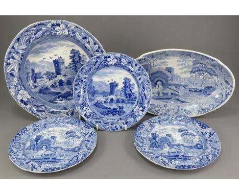 A group of early nineteenth century blue and white transfer-printed Spode wares, c. 1825. To include: a Lucano pattern soup d