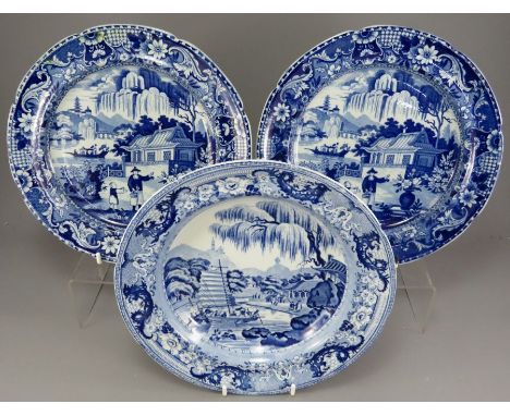 A group of early nineteenth century blue and white transfer-printed plates, c. 1825. To include: a Davenport Imperial Park at
