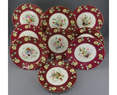 A group of mid-nineteenth century porcelain hand-painted Samuel Alcock plates, c. 1840. Each is decorated with floral centres
