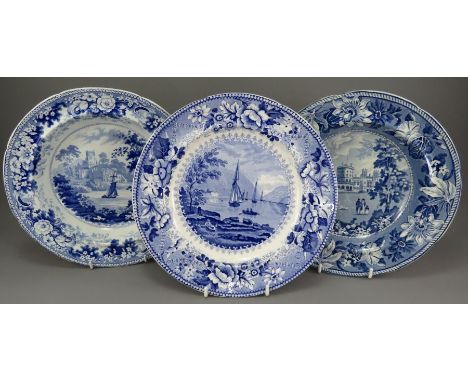 A group of three early nineteenth century blue and white transfer-printed dinner plates and soup dishes, c. 1825. To include: