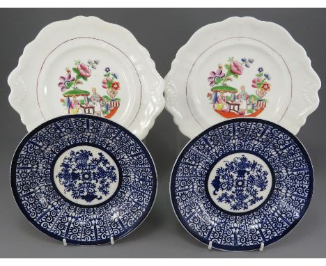 A mid-nineteenth century porcelain transfer-printed and hand-painted Hilditch dishes and two blue and white Minton Lily patte