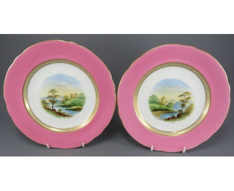 Two mid-nineteenth century porcelain hand-painted Thomas & Charles Ford plates, c. 1850-70.  Each is decorated with a scenic 