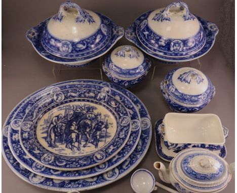 A late nineteenth century blue and white transfer-printed flow blue Wedgwood Ivanhoe pattern part dinner service, c. 1895. To