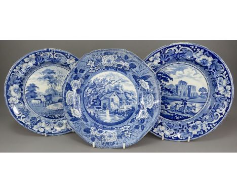 A group of three early nineteenth century blue and white transfer-printed plates, c. 1825. To include: a Minton Monk's Rock s