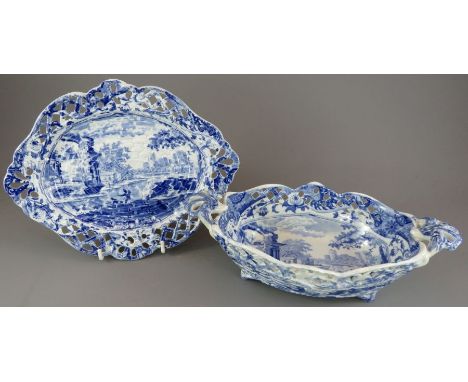 An early nineteenth century blue and white transfer-printed Spode Italian pattern chestnut basket and stand, c. 1825. Both pi