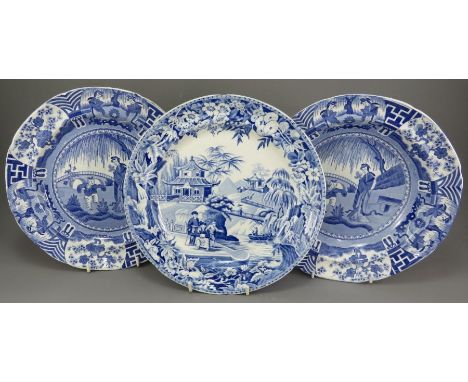A group of early nineteenth century blue and white transfer-printed plates, c. 1825. To include: a Davenport Highbridge patte